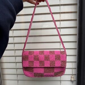 Anthropologie Fiona Beaded Bag Pink and Copper Checkered Purse